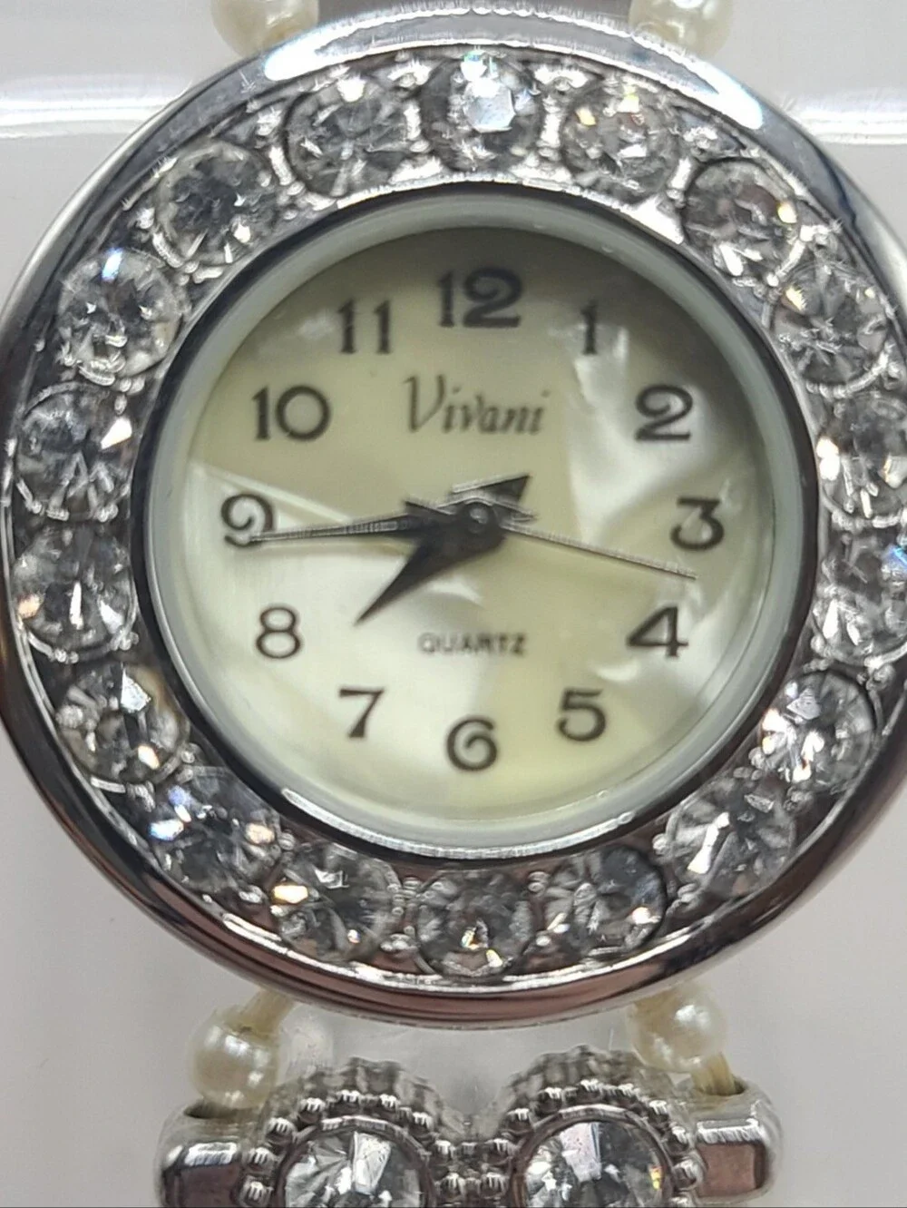 Vivani Faux Pearl Rhinestone Stretch Bracelet & Watch
